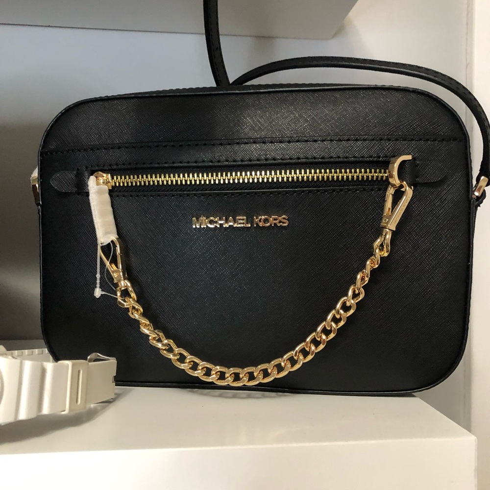 Michael Kors Black and Gold Crossbody Bag with Chain Detail